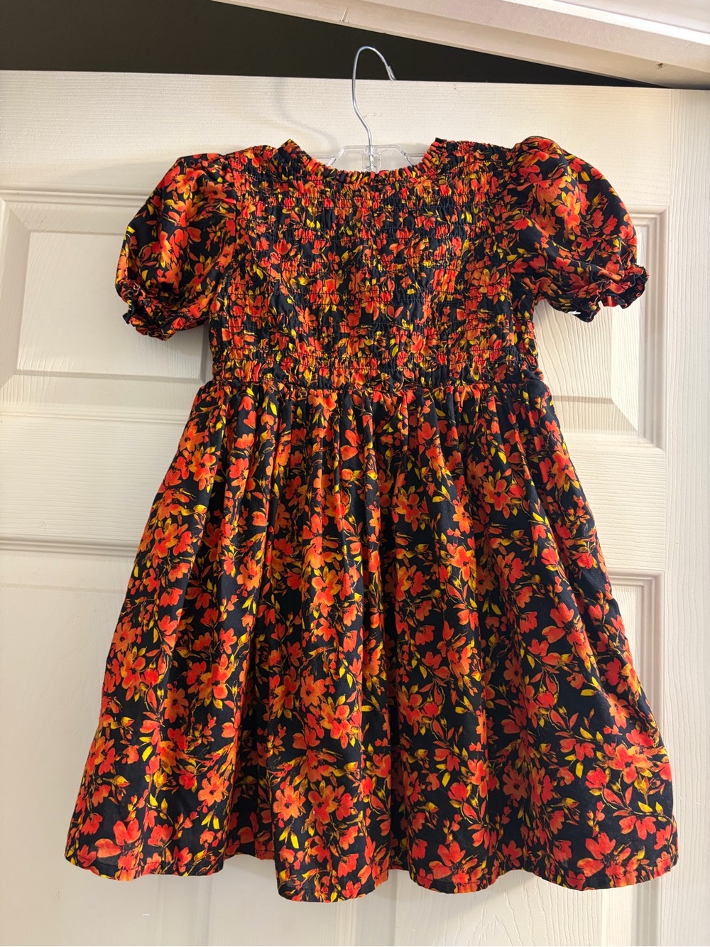 GAP Black Dress with Red & Orange Floral Print, Smocked Bodice